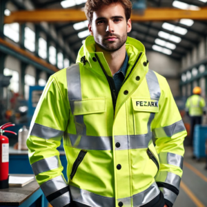 A man wearing a high-visibility fire hazard jacket with reflective tape, standing confidently in an industrial setting. The jacket features a roll-away hood, waterproof sealed seams, and a design that allows full range of motion, emphasizing safety and protection in hazardous work environments.