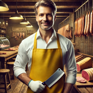 Image of a butcher wearing a yellow chemical-resistant apron, standing at a work table. The apron features adjustable neck straps and sealed ties, designed for protection in environments with oil, grease, and chemicals