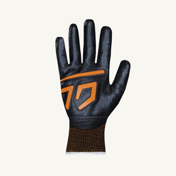 Black polyester gloves with patented palm strips for enhanced grip and durability