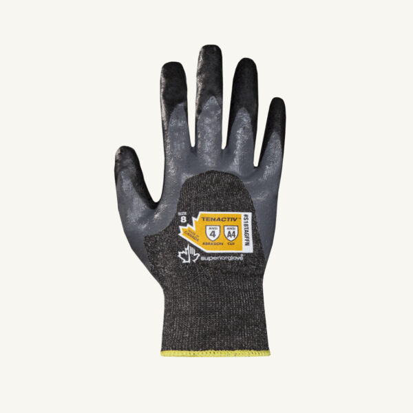 Cut resistance gloves with extended double-dipped hand coating for liquid resistance and added durability