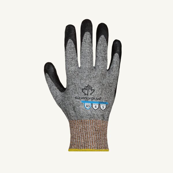 Cut protection gloves with patented palm strips for enhanced grip and durability