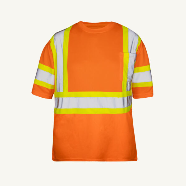 Hi-viz orange traffic t-shirt with cross-back retroreflective stripes for 360° visibility