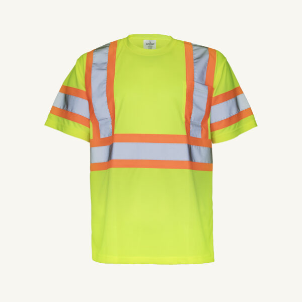 Hi-viz yellow traffic t-shirt with straight retroreflective stripes for 360° visibility